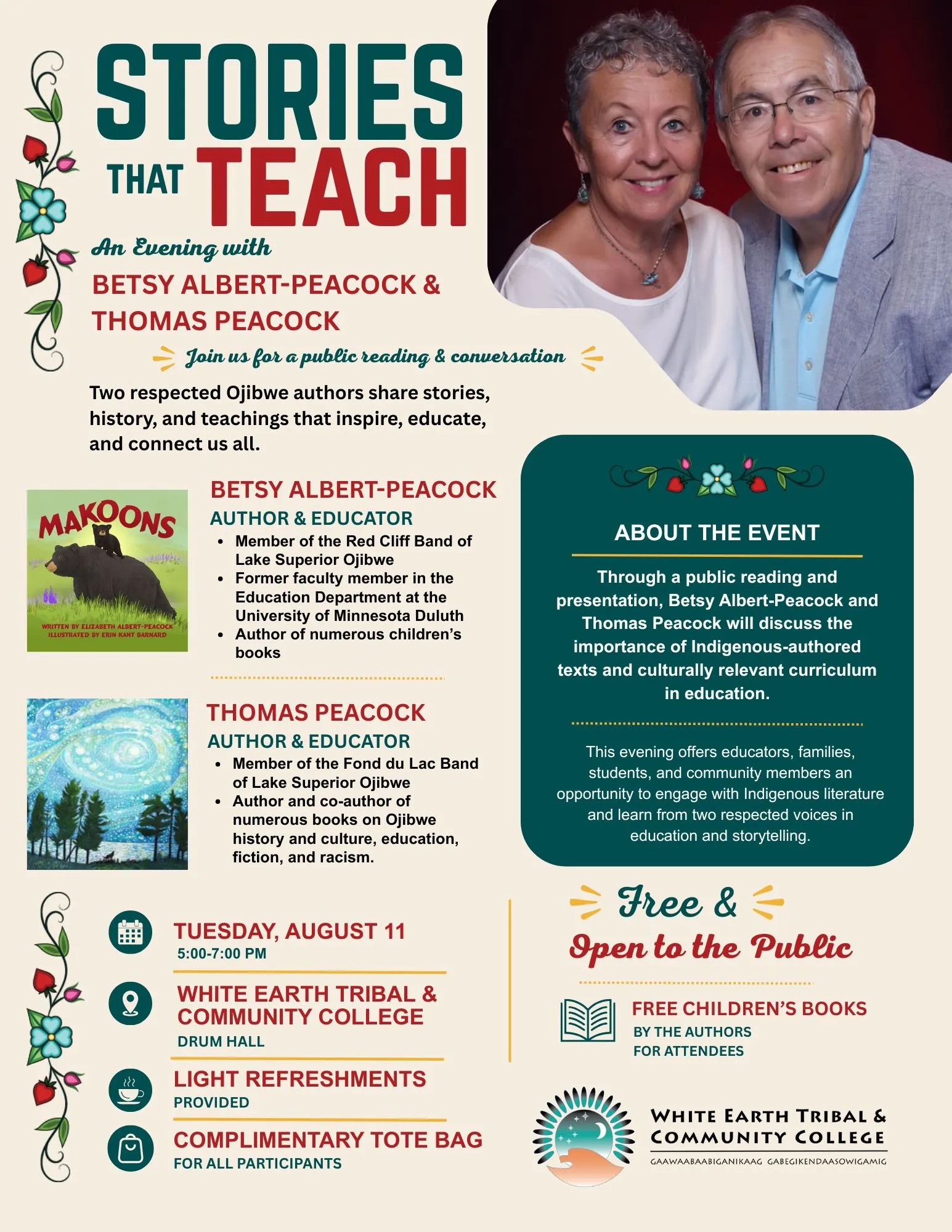 Stories that Teach event flyer with Betsy Albert-Peacock and Thomas Peacock
